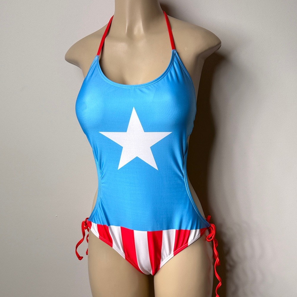 Marvel Blue One-Piece Swimsuit with White Star and Red Accents
